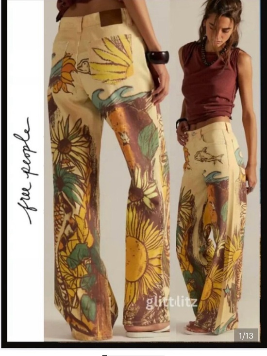 Free People Pants - Free People Cream Sunflower & Nature Print Wide-Leg Pants